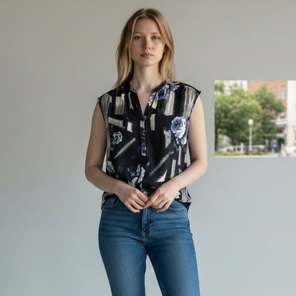 Simply Vera Vera Wang Floral Abstract Sleeveless Blouse Navy Blue White Medium